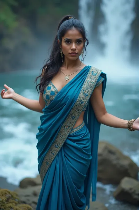 Aanchal Saberwal day scene, extreme close up photo of naked latina, hourglass figure, swooping breasts, showing deep cleavage, open arms, jumping high near waterfalls, ponytail, necklace, blue satin silk half saree, look at viewer, (cinematic:1.3), intrica...