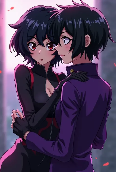 Girl with short black hair with caireles wearing a dark purple heroine costume like Raven from the Teen Titans, with red eyes , And powers of a drawn witch like My Hero Academia Ahora ponla a el lado de Tomura Shigaraki de My hero academia abrazándolo 