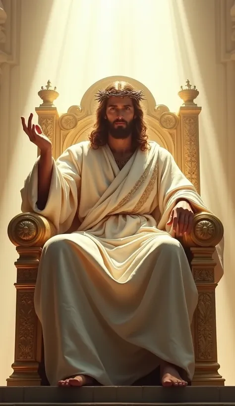 A hyper-realistic image of Jesus seated on a majestic throne, positioned far in the distance but facing directly toward the camera with a serious, intense gaze that commands attention. The throne is ornately crafted, adorned with golden accents and intrica...