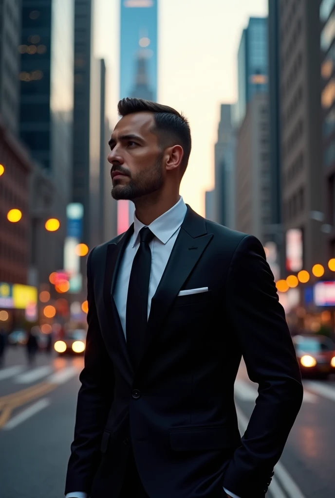 4K photo of a man in a black suit looking at a city with many buildings already at dusk 