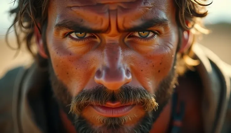 "A close-up of the hero’s face as the camera slowly zooms in. His intense eyes reflect determination and resolve. His rough, sun-kissed skin and scruffy beard are visible, with beads of sweat showing the hardship hes endured."