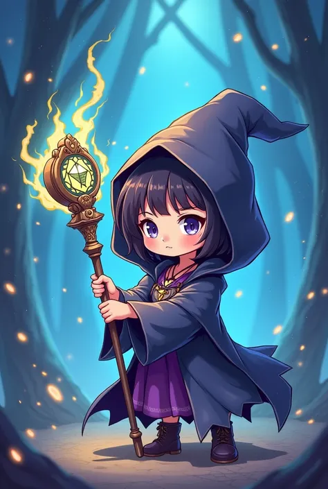 Chibi girl warlock magic arcane staff hoodie robe