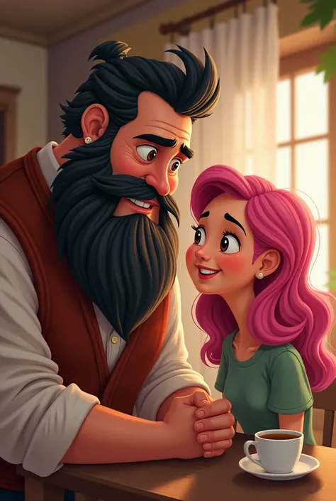 A black bearded uncle and a short pink haired woman.