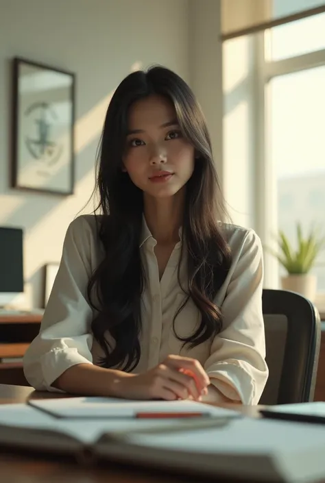 a slim woman, 30 years old, sitting at an office desk, casually dressed, long black hair, detailed facial features, delicate facial expression, elegant posture, clean office desk, large window, natural lighting, minimalist interior, warm color tones, cinem...