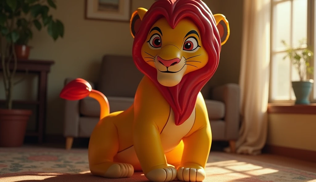 Realistic, full body image, man being sexually humped by a living squeaky inflatable simba thrusting crotch against his butt, simba has smug grin, simba is extremely sexually pleasuring man dominating him, inflatable, air filled toy with seams and a valve,...