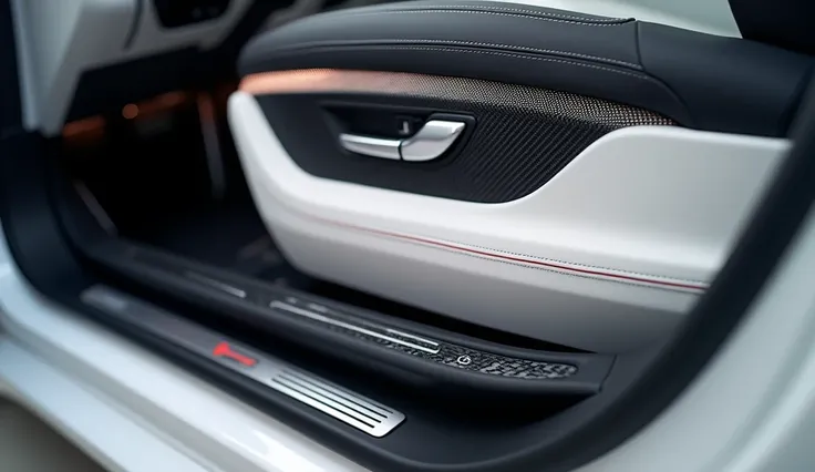 AI Prompt:

A close-up view of the door of the 2025 BMW M4, showcasing its luxurious and sporty craftsmanship. The door panel is upholstered in premium white leather with contrasting black accents, featuring sleek stitching and carbon-fiber inlays for a hi...