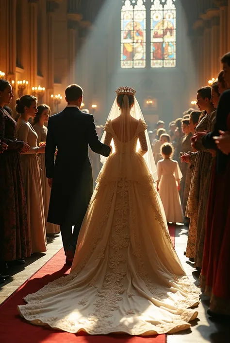 Lady Seraphine makes her grand entrance into the cathedral, walking arm-in-arm with her father, the esteemed Count of Rutherford. Her voluminous gown, adorned with intricate embroidery and an endless train, commands attention, shimmering softly under the l...