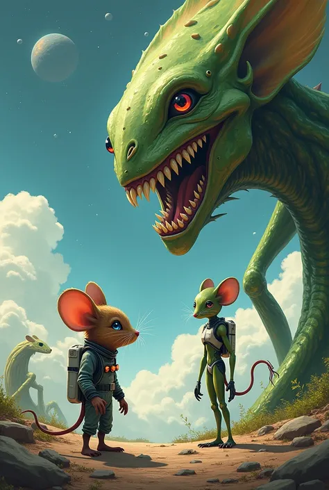 A mouse in a spacesuit and a tall green alien and an evil toothy flower