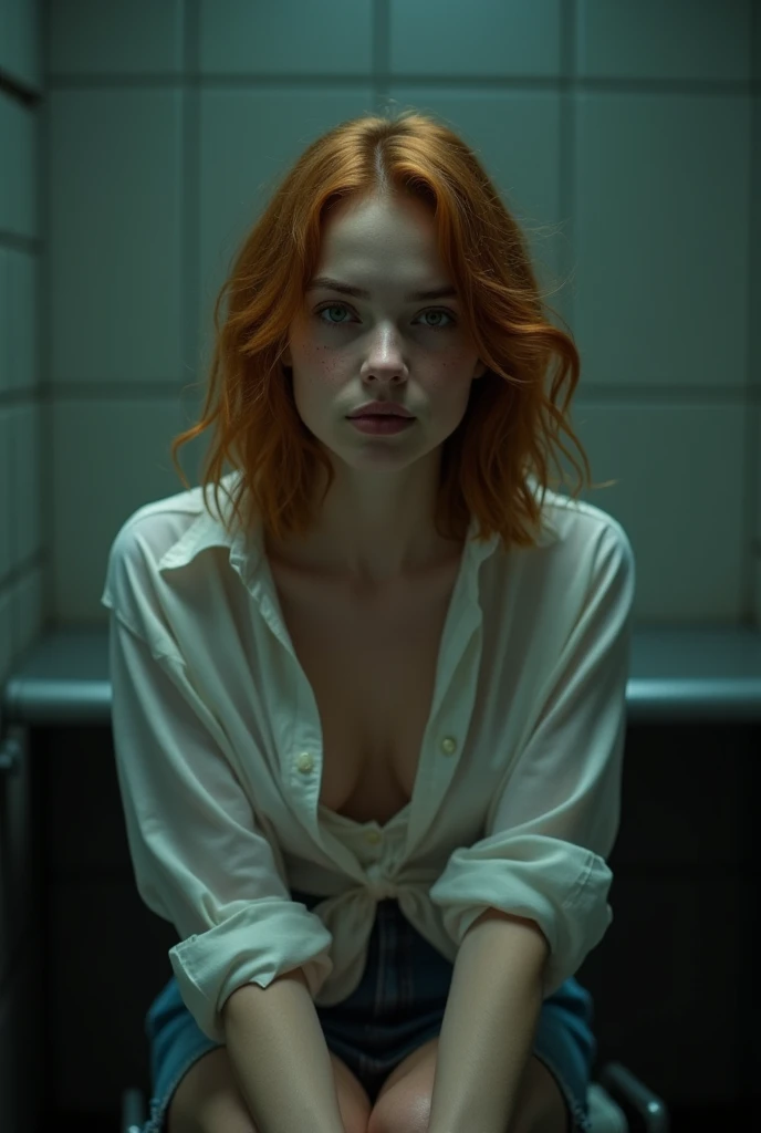 young woman with medium-length wavy ginger hair, green eyes, and light skin with subtle freckles on her face. She is wearing a slightly transparent white blouse and a short skirt. The setting is a dimly lit interrogation room, with a cold metallic table an...