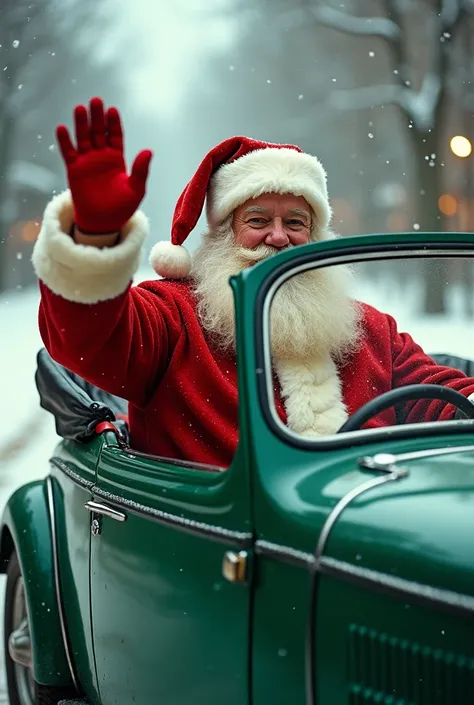 Photograph of a Santa Claus,  driving a car and waving out the green car window, horizontal postcard size 