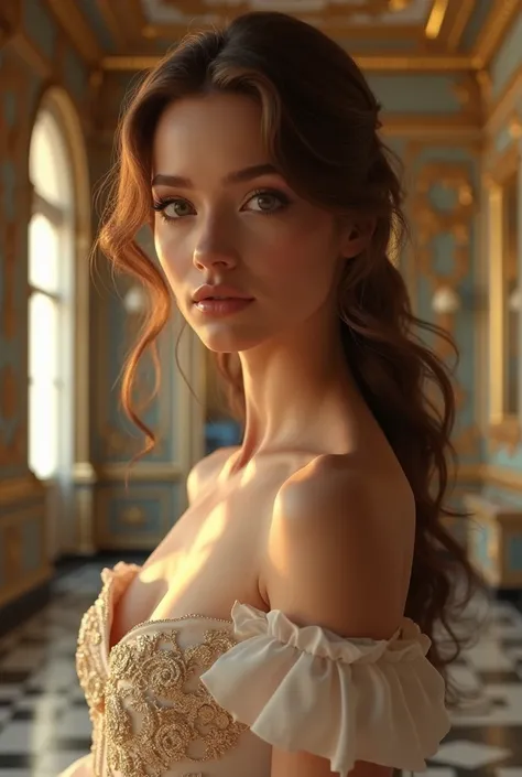 masterpiece,极其精细ofCG unity 8k壁纸,1 Girl, 高贵of, 美丽of, 棕色of_hair,  French luxury clothing ,  Palazzo del Quirinale ， Rococo style interior decoration 、 delicate and delicate 、Gorgeous and exquisite、Sweet and gentle 、 sophisticated 。天花板of雕刻和墙壁上of装饰,都充满了精致of花卉和...