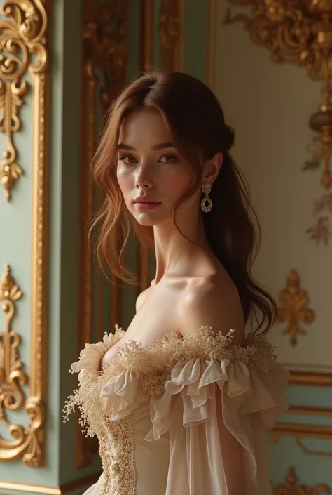 masterpiece,极其精细ofCG unity 8k壁纸,1 Girl, 高贵of, 美丽of, 棕色of_hair,  French luxury clothing ,  Palazzo del Quirinale ， Rococo style interior decoration 、 delicate and delicate 、Gorgeous and exquisite、Sweet and gentle 、 sophisticated 。天花板of雕刻和墙壁上of装饰,都充满了精致of花卉和...