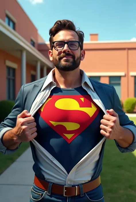 Un homme brun à lunette et barbu il ouvre sa chemise comme Superman. Sous sa chemise, il a un costume de super-héros qui ressemble à Superman mais avec marqué SE. 
Il est devant une école primaire. 