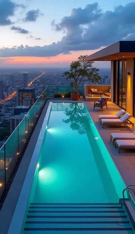 Rooftop Pool: A modern and glamorous pool located on a rooftop, surrounded by glass walls for panoramic views of the city or landscape. Often includes lounge areas with chic furniture and ambient lighting for evening swims