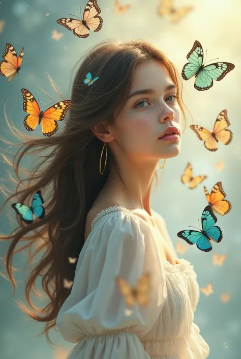 A girl, brunette, slender figure, long brown hair, surrounded by butterflies. The butterflies are of different colours and sizes. 