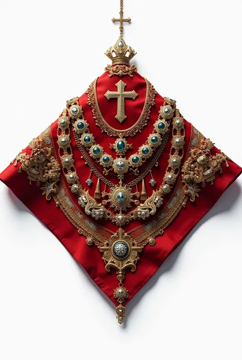 Top view of a square scarf folded in half decorated with lots of highly detailed jewelry and a small Christian cross on a white background