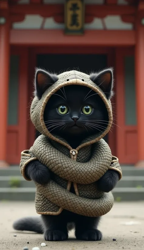 Big black kitten with big eyes 。 is standing in front of the shrine wearing a cute snake costume