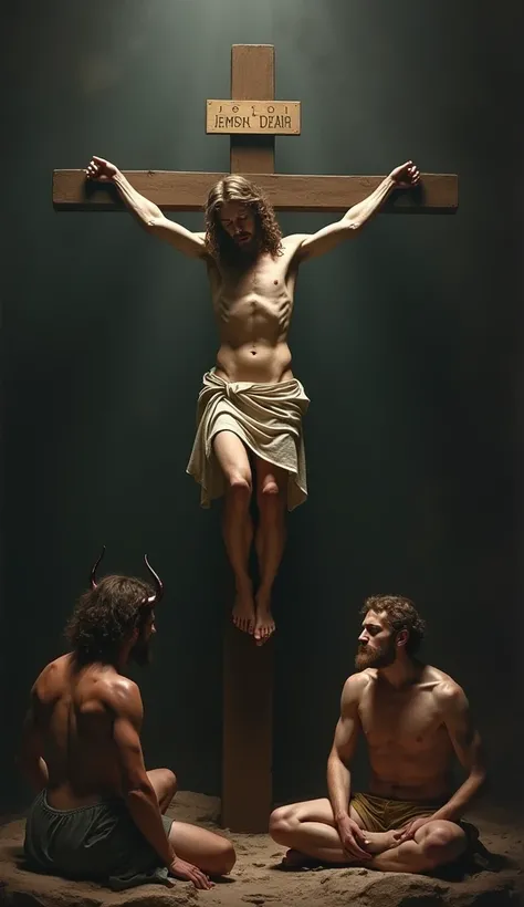 a Jesucristo crucified, the devil sitting in lotus position on one of the cross arms, observing Christ with great sorrow and mercy, (best quality,4k,8k,highres,masterpiece:1.2),ultra-detailed,(realistic,photorealistic,photo-realistic:1.37),extremely detail...