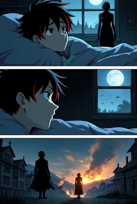 Here’s a detailed description of the manga panel layout for the scene:

Panel 1: The Awakening

The scene is set in a dimly lit room. The boy lies in bed, his face illuminated by faint moonlight streaming through the window.

His features are sharp for his...