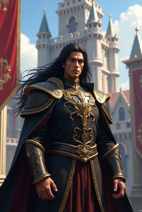 A black-haired prince with a castle in the background