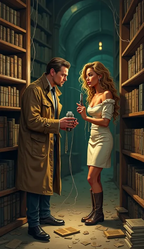 Uma caricatura ultra-detalhada de leonardo DiCaprio e Beyoncé em uma biblioteca abandonada. leonardo,  wearing a crumpled overcoat and holding a magnifying glass ,  carefully inspects a shelf full of old and dusty books . Beyoncé,  with a sophisticated dre...