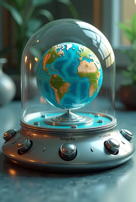  The flat earth inside a glass dome.  On a steel base with buttons . One button says war ,  another button says earthquake ,  another button says tsunami ,  another button says invasion .