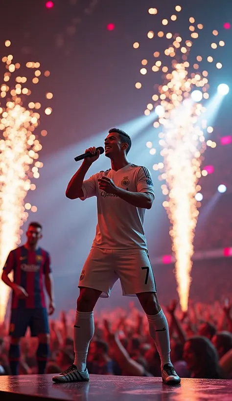 A hyper-realistic scene of Cristiano Ronaldo and Lionel Messi performing on a grand concert stage. Ronaldo, in his real madrid no.7   jersey, is at the center of the stage, singing passionately into a microphone and spinning dramatically as bright lights a...