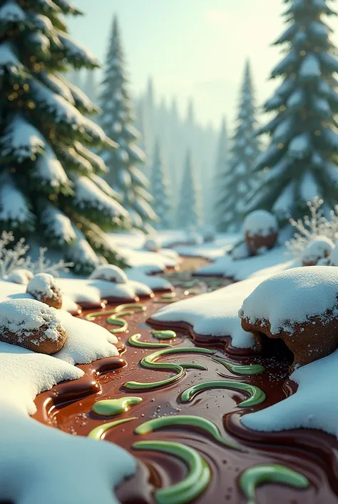 Winter landscape filled with chocolate with mot pistachio cream