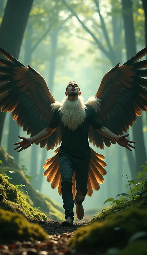 " A man walking in a forest as his arms begin to transform into eagle wings,  with rapidly growing feathers . Forest lights flash ,  reflecting the magical transition in hyper-realistic detail ."