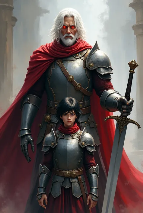 An tall older man with white hair has red eyes is holding a great sword standing above a male teenaged boy with black hair red eyes who is also tall and muscular who is wearing armor and is holding a sword 