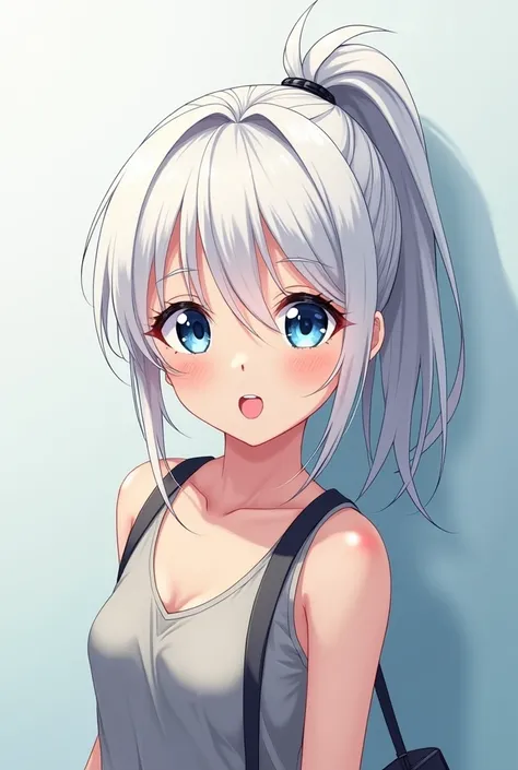  Japanese Anime , 2D, female, smile, Mumbo-mi,  middle school student, White hair,  ponytail,  blue eyes, masterpiece,  top grade, High definition, seamlessly,  Casual Fashion 