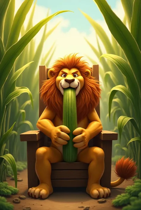 The big men lion is sitting on a chair in the middle of the sugarcane fields, holding a sugarcane with his two hands, chewing while laughing