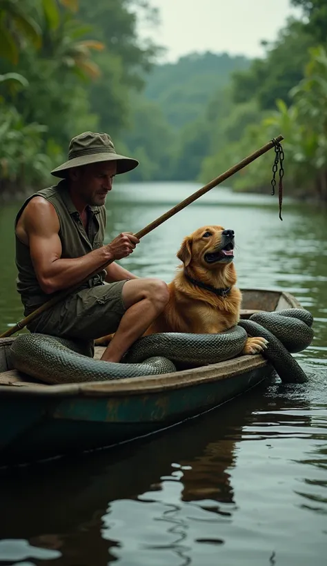  A fisherman is on a boat in the Amazon River with his faithful dog, Around the dog a big snake is clinging to him, squeezing hard and hes desperate to let go.  The surrounding tropical vegetation and the calm river contrast with the imminent danger, creat...