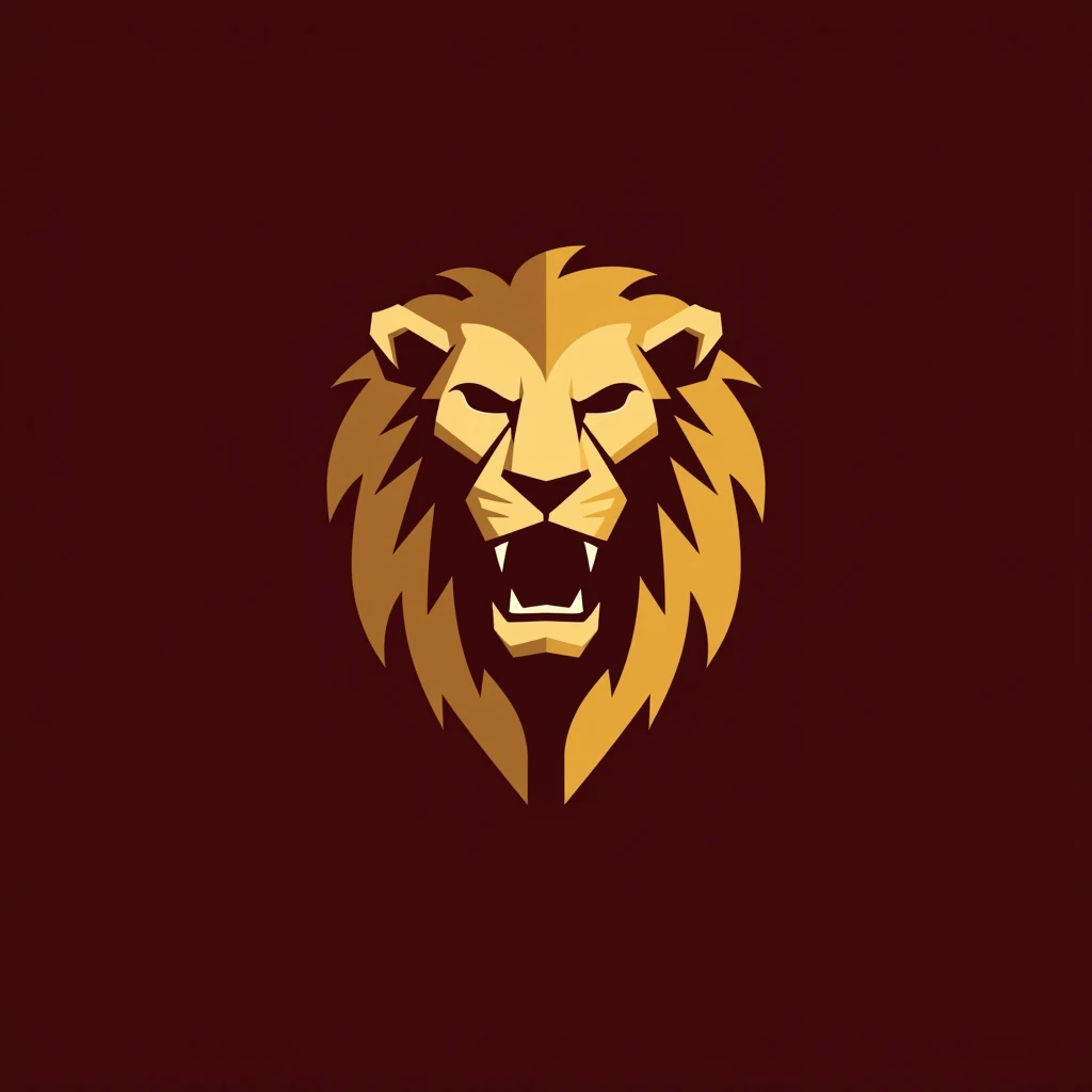 Minimalistic golden roaring lion logo on a burgundy background, that transmits masculinity and pressure 