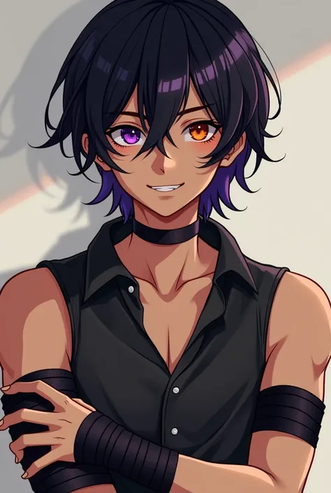  A charming looking young man ,  with intense black hair that falls gently over the face ,  highlighting a vibrant purple streak that shines under the light .  His eyes are striking and different :  his right eye is deep purple , almost hypnotizing,  while...