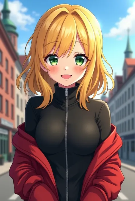  a German girl ,  with a black zipped sweatshirt and a closed red one,  with a very confident smile , yellow blonde ,  shiny emerald green eyes ,  with a German landscape of buildings , anime illustration