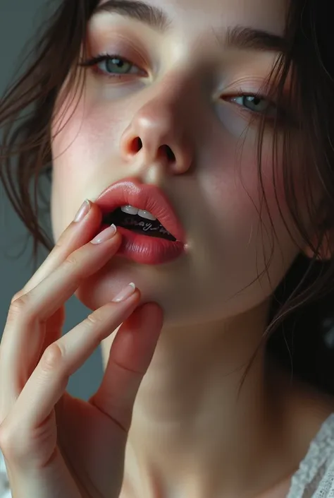 Realistic woman close up on her mouth showing the inside of her lips by drawing with two fingers who has a tattoo on the inside of her lips marked Shaym