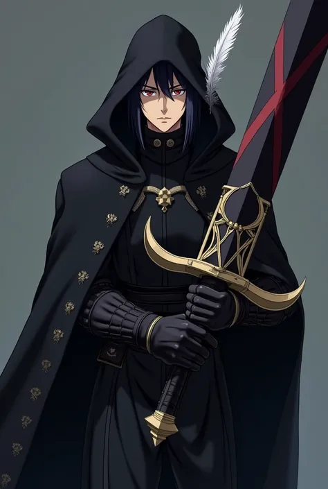 ((Anime)), (((A very stylish black cloak))), that completely covers the shoulders and chest, with intricate detailing at the edges. Dark, serious face that exudes an air of power and mystery. A (((massive sword))), with a blade as black as the dark night s...