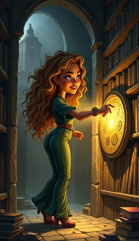 A cinematic caricature-style illustration showing singer Beyoncé discovering a secret passage on the library wall.  She presses a stone that activates a mechanism ,  revealing a secret door with exposed gears . Beyoncé has a confident smile ,  holding the ...