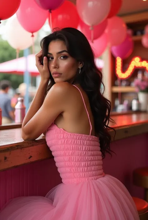 araffes in a pink dress sitting at a bar with balloons, candy girl, photoshoot, violet myers, cute woman, isabela moner, tanned ameera al taweel, alex yanes and lisa frank, gorgeous lady, lisa - frank, alanis guillen, beautiful mexican woman, lisa frank st...