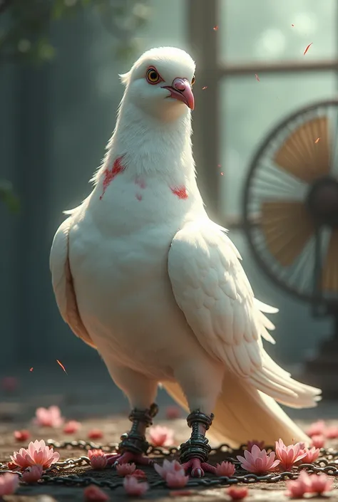 A white pigeon. Pigeon has two wings. A provision of broken wings, bloodstains and leg chains. The fan on the other side is good and the feet are garlanded with Shiuli flowers.