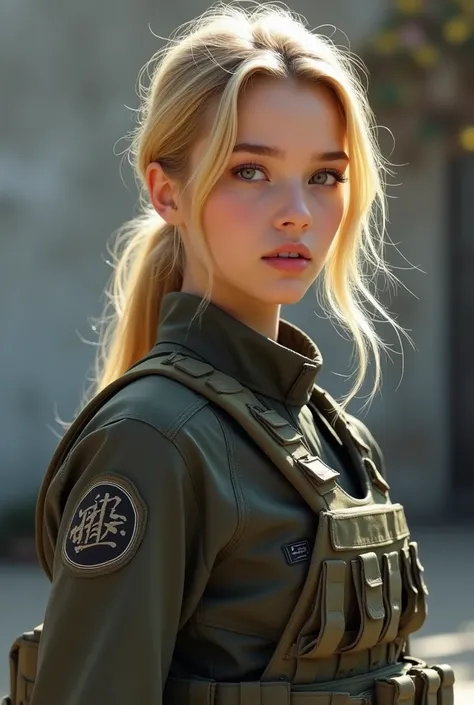  For the first time - probably in history - she wears womens combat clothing instead of the unflattering male one.  She has dyed her hair blonde .  Now she wears it in a low ponytail that reaches her shoulders .  I knew she grew fast ,  but I didnt know ho...