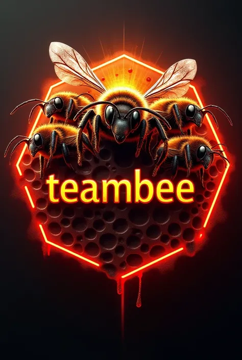 logo with the name TeamBee with realistic aggressive bees on a honeycomb background and red fire with blood
