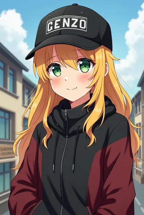  a German girl ,  with a black zipped sweatshirt and a closed red one,  with a very confident smile , wearing a black cap with a print with the name GENZO, yellow blonde ,  shiny emerald green eyes ,  with a German landscape of buildings , anime illustrati...