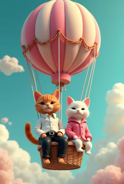 Generate a high quality 3D image:An orange cat wearing white shirt and black pant and sitting in the hot air balloon with white cat that wear pink jacket and black pant and flying in in the sky 