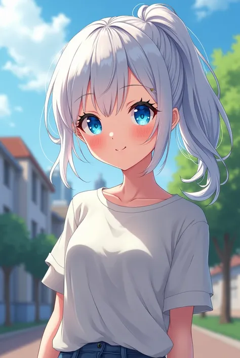  Japanese Anime , 2D, female, smile,  middle school student, White hair,  ponytail,  blue eyes, masterpiece,  top grade, High definition, seamlessly,  Casual Fashion , distance