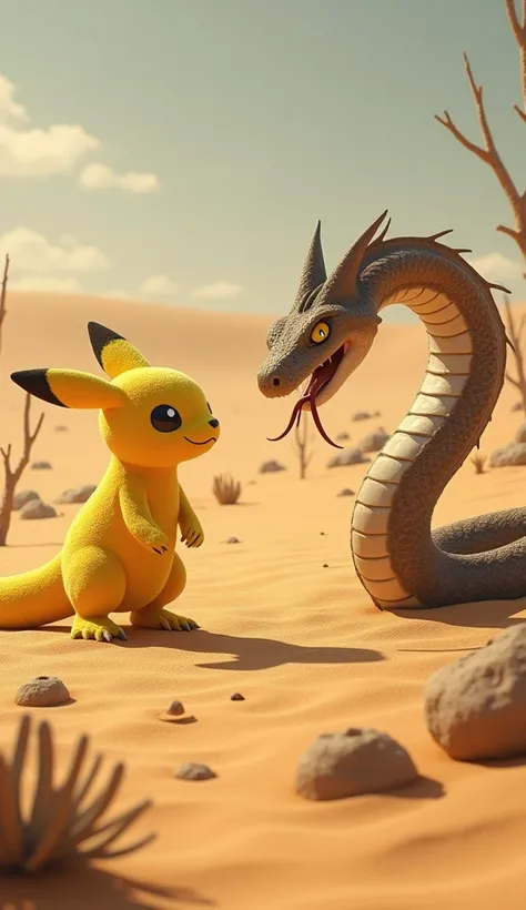 Create a photorealistic 9 :16 of a Yellow Pokémon and a Naja snake in a sand-filled desert