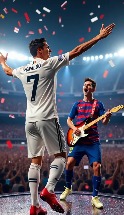 A hyper-realistic scene of Cristiano Ronaldo and Lionel Messi concluding their concert on a grand stage. Ronaldo, wearing his real madrid no.7 jersey, is in the spotlight doing a triumphant as confetti rains down, with his arms left lose in celebration wit...