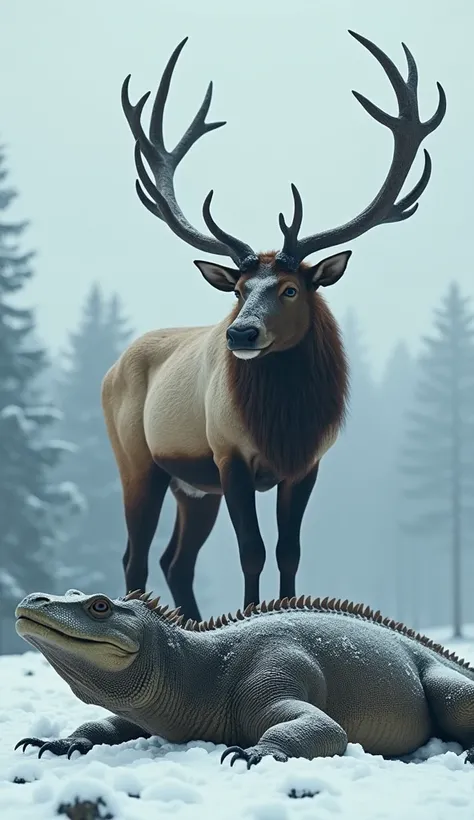 A hyper-realistic 4K scene featuring the same giant elk standing over the defeated Megalania. The elk’s thick fur and sprawling antlers are consistent with its introduction, while its hooves rest dominantly on the giant lizard’s scaly chest. The Megalania’...