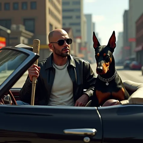 GTA5 Style，main male role ,white male ,baseball bat in hand ,  Leather Jacket，sunglasses, Shaved head, stubble on my face , Black Gunst convertible ， Streets of the City of the Future ,THE, an adult Doberman sits next to him , retro art style ，Shadows and ...